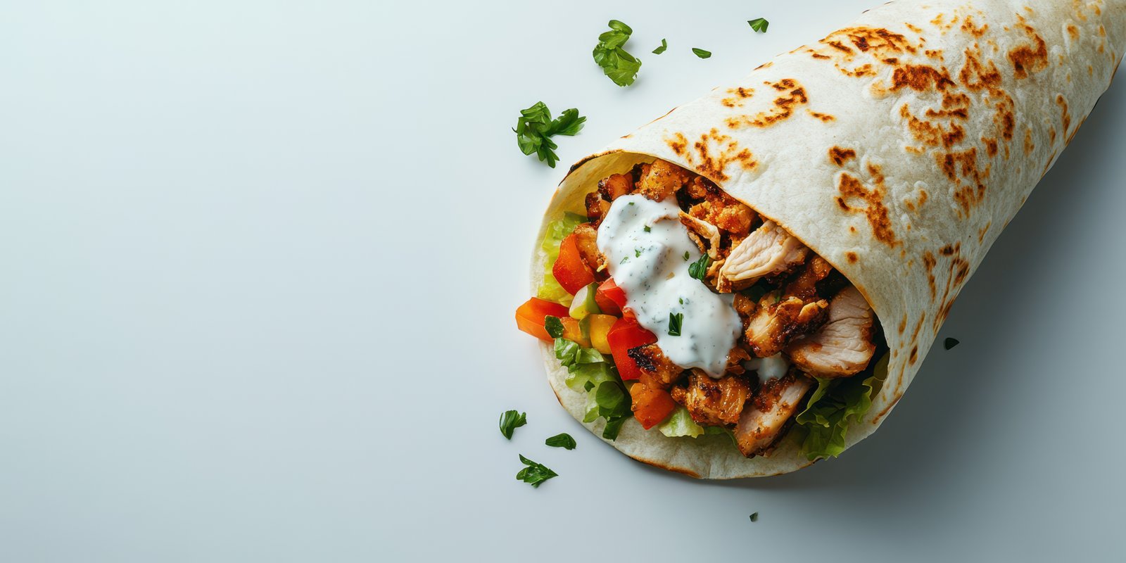 Delicious grilled chicken wrap with fresh vegetables and creamy dressing on a clean background